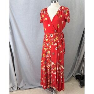 Free People Red Floral Wrap Maxi Dress S Short Sleeve Flutter Boho